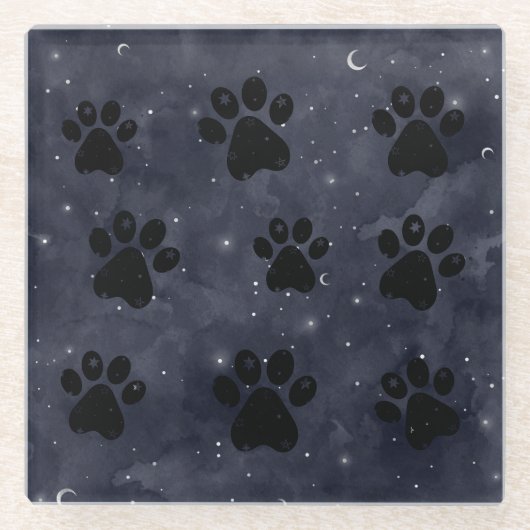 Paws Star und Crescent Moons Blue Watercolor Glasuntersetzer (Vorderseite)