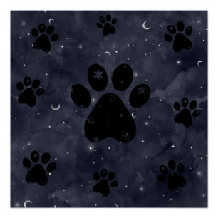 Paws Star und Crescent Moons Blue Watercolor Poster