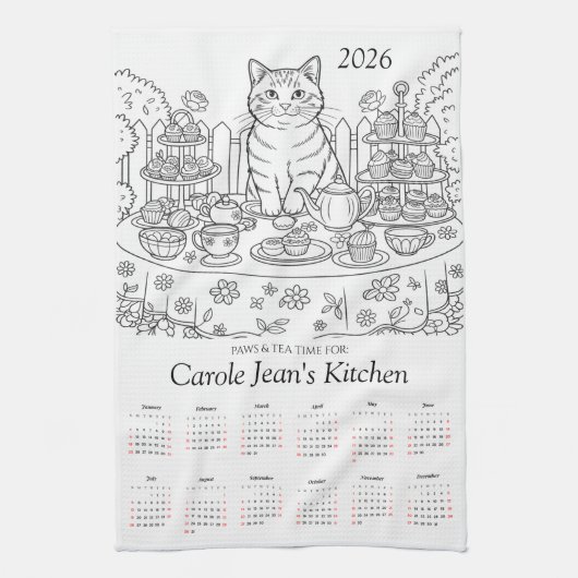 Paws & Tea Time Küchenhandtücher 2026 Kalender Geschirrtuch (Vertikal)