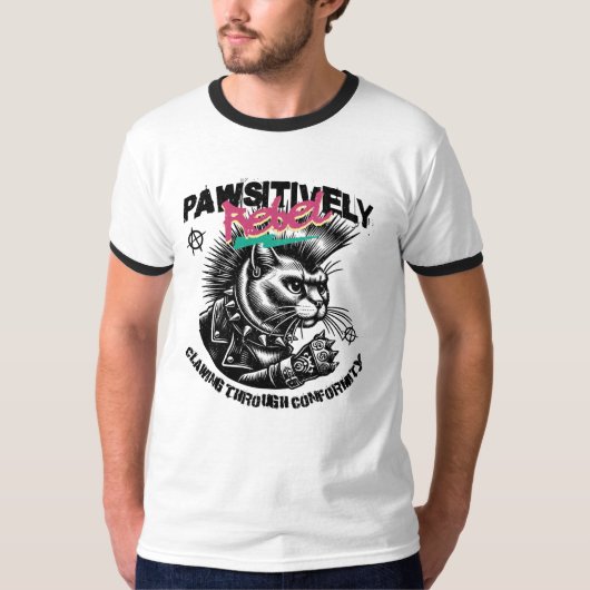 Pawsitiv-Rebell: Punk Rock Cat Mohawk Anarchie T-Shirt (Vorderseite)