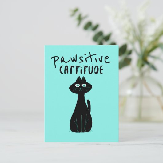 Pawsitive CatCute Cat Humor Black Teal Postkarte (Stehend Vorderseite)