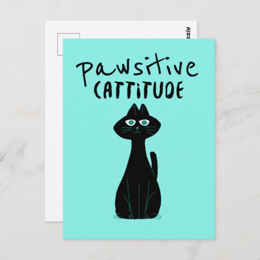 Pawsitive CatCute Cat Humor Black Teal Postkarte (Vorne/Hinten)
