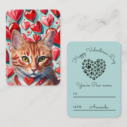 'Pawsome' Orange Tabby Cat Classroom Valentine Mitteilungskarte (Vorne/Hinten)