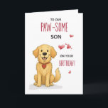 Pawsome Son Birthday Funny Golden Retriever Karte<br><div class="desc">Hier ist eine Geburtstagskarte mit einem liebenswerten Goldenen Retriever, geschaffen für Söhne, die Hunde mit großen Herzen lieben und Schwänze wackeln. Ich entwarf diese Karte, um ein Lächeln mit ihrer spielerischen Vorderseite und der lichtdurchfluteten Insider-Botschaft zu bringen. Es ist eine nette Art, Ihrem phantastischen Sohn glücklichen Geburtstag zu sagen und...</div>