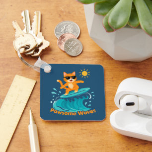 Pawsome Waves Surfen Orange Katze Acryl / Metall Schlüsselanhänger