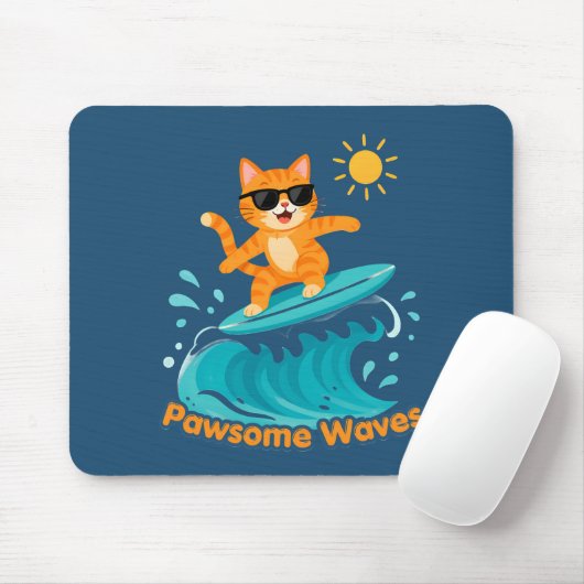 Pawsome Waves Surfen Orange Katze Mauspad (Mit Mouse)