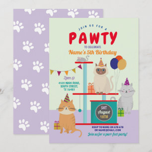 Pawty Birthday Cat Kitten Paw Fun Lila Einladung