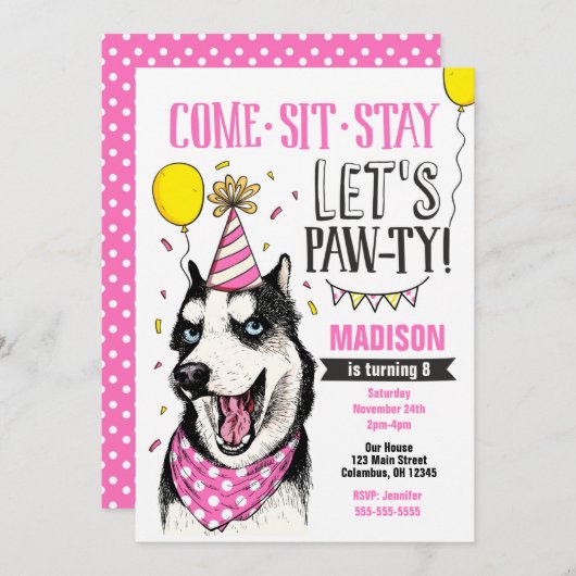 Pawty Birthday Einladung Hund Welpe Husky Girl (Vorne/Hinten)