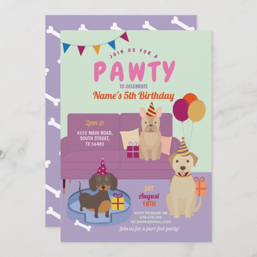 Pawty Birthday Hogs Party Welpe Fun Lila Einladung (Vorne/Hinten)