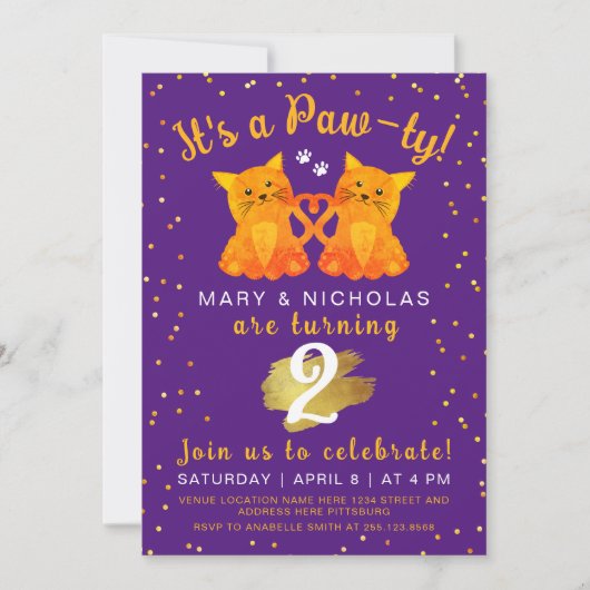 Pawty Lila Orange Twin Friend Kitten Joint Party Einladung (Vorderseite)