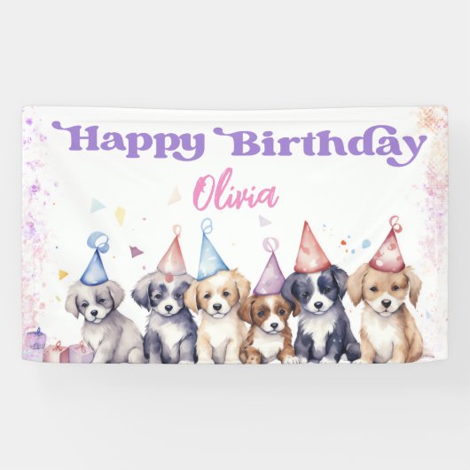 Pawty Puppy Happy Birthday Dog Party Girl Banner (Horizontal)