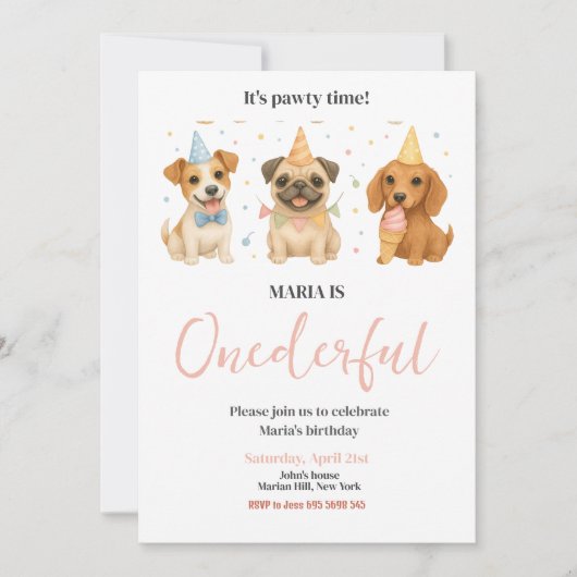 Pawty Time Welpe Hund ONEderful Birthday Party Einladung (Vorderseite)