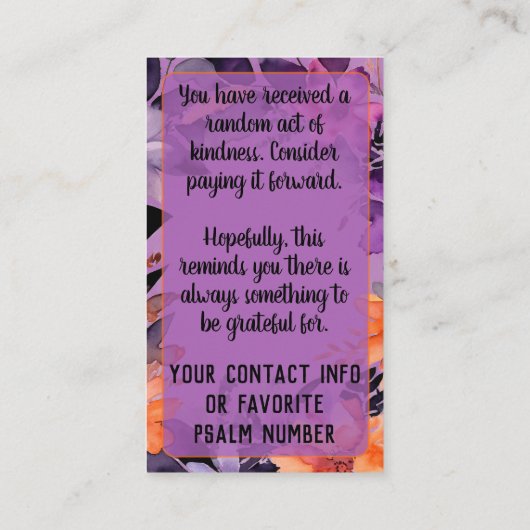 Pay it Forward Random Act Kindness Purple Orange Visitenkarte (Rückseite)