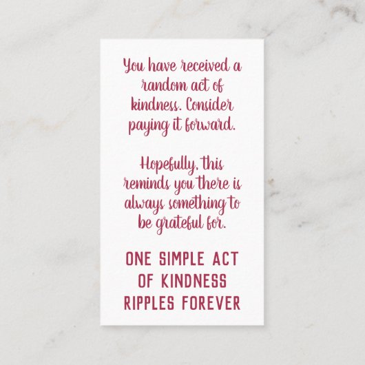 Pay it Forward Random Act of Kindness Gratitude Visitenkarte (Rückseite)