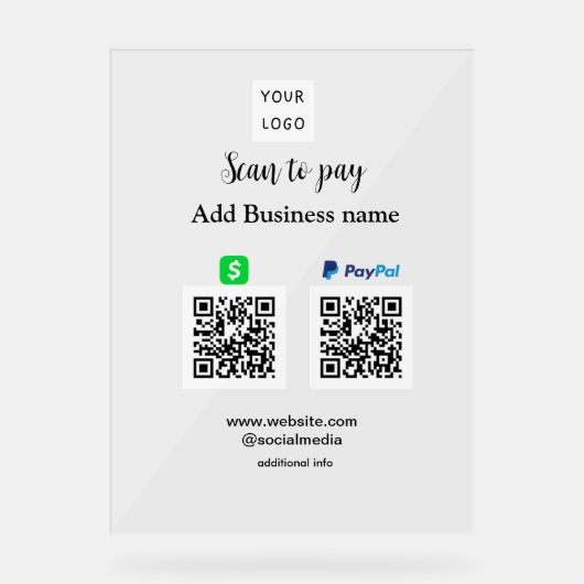 Paypal Cashapp Scan zur Zahlung von QR Name hinzuf Acrylschild (Vorderseite)
