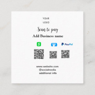 Paypal Cashapp Venmo-Scan zum Bezahlen QR-Geschäft Quadratische Visitenkarte