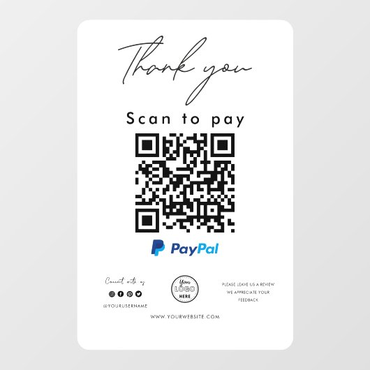 PayPal QR Code Logo Scan zu bezahlen Vielen Dank Fensteraufkleber (Blatt)