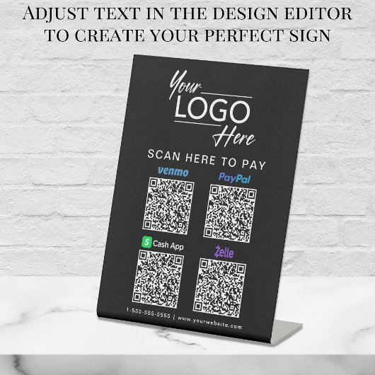 Paypal Venmo CashApp Zelle QR-Logos Schwarz Sockelschild