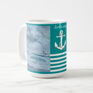 Pazifische Küste/Strand/Möwen/Segelboot/Anker weg Kaffeetasse
