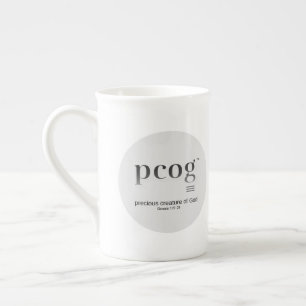 pcog Akronym; runde Vollnachricht; schwarz-weiße F Porzellantasse