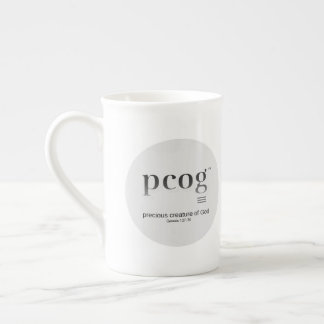 pcog Akronym; runde Vollnachricht; schwarz-weiße F Porzellantasse