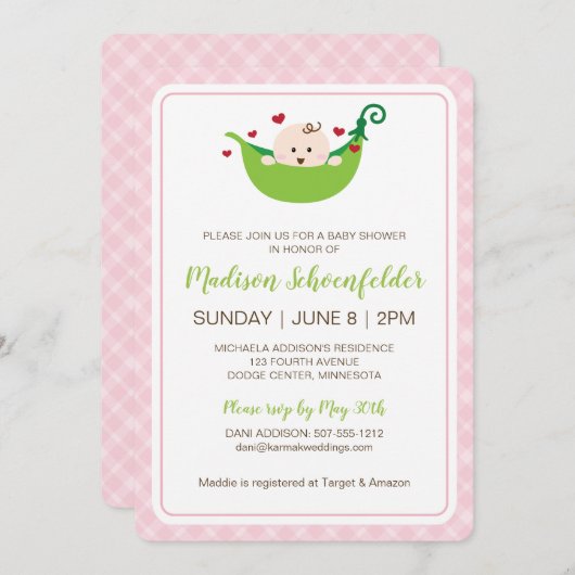 Pea in the Pod Baby Shower Invitation (Girl) Einladung (Vorne/Hinten)
