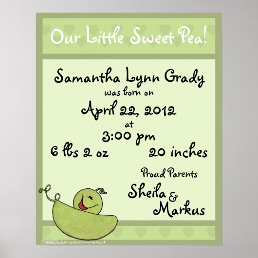 Pea Pod Baby Birth Information Poster (Vorne)