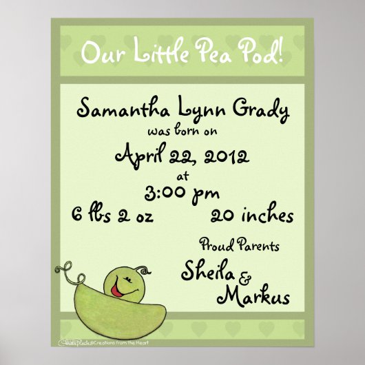 Pea Pod Baby Birth Information Poster (Vorne)