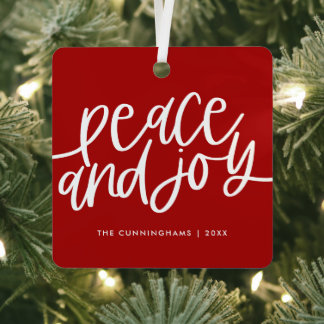 Peace and Joy Winter Red Green Foto Metal Oral Ornament Aus Metall