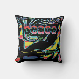 "Peace" Art Graphic Red Yellow Aqua Pink on Black Kissen