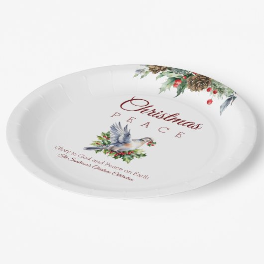 Peace Dove Holly Christian Christmas Pappteller (Schrägansicht)