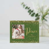 Peace Foto Gold Glitzer Script Holiday Postkarte (Stehend Vorderseite)