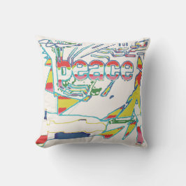 "Peace" Grafik, Rot-Gelb-Aqua-Rosa auf Off-White Kissen