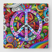 Peace Graphic Doodle Art Quadratische Wanduhr (Vorderseite)