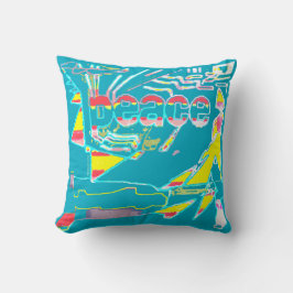 Peace Graphic Red Yellow Aqua Pink White on Aquama Kissen
