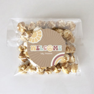 Peace Groovy Welcome Pink Brown Babydusche Hippie Runder Aufkleber