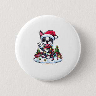 Peace Hand Boston Terrier Christmas Lights Womens Button