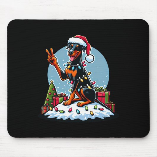 Peace Hand Dobermann Pinscher Christmas Lights Wom Mousepad (Vorne)