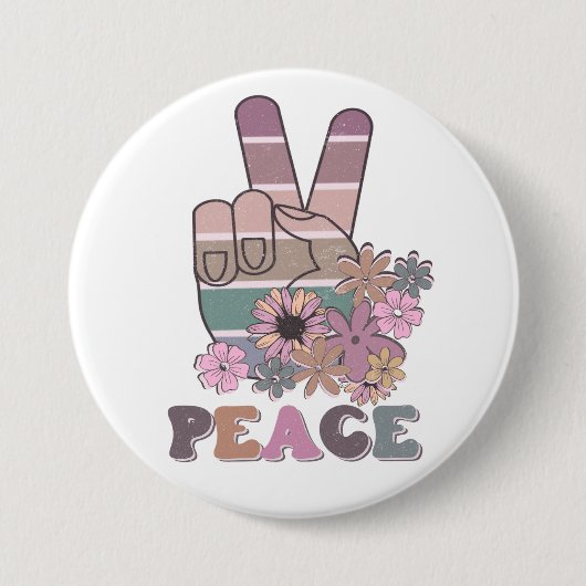 Peace Hand Sign Retro 70er Floral Daisy Button (Vorderseite)