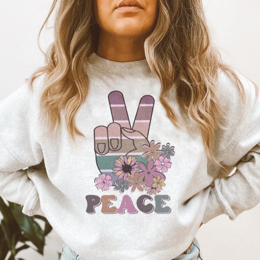 Peace Hand Sign Retro 70er Floral Daisy Sweatshirt