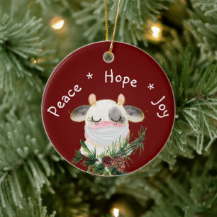 Peace Hope Joy Masked Cow Keramik Ornament