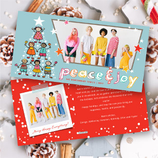 Peace & Joy Cartoon Weihnachtsbaum Kinder Spaß Fot Feiertagskarte