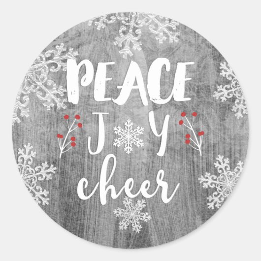 Peace Joy Cheer Silver Snowflake Holiday Runder Aufkleber (Vorderseite)