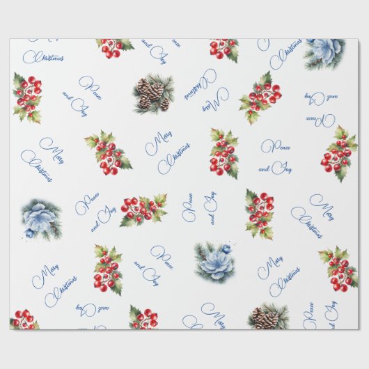 Peace & Joy Frohe Weihnachten Rote Berries auf Wei Geschenkpapier (Flach)