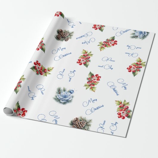Peace & Joy Frohe Weihnachten Rote Berries auf Wei Geschenkpapier (Ungerollt)