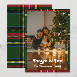 Peace & Joy Grüner Tartan-Karo-Familien-Weihnachte Feiertagskarte