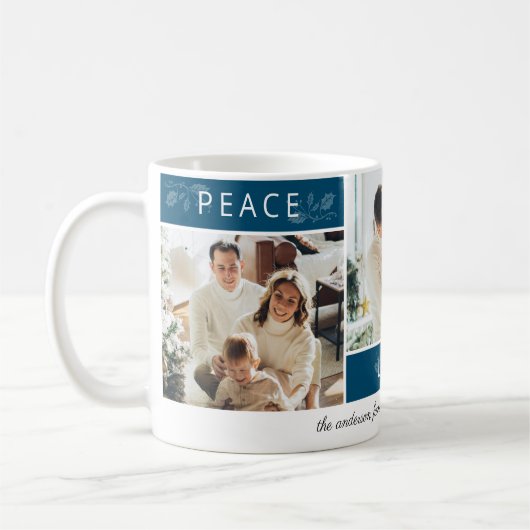 Peace Joy Liebe Aquamarin 3 Foto Collage Script Ho Kaffeetasse (Links)
