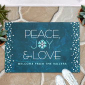 Peace Joy Liebe Blue Holiday Bold Modern Snowflake Fußmatte