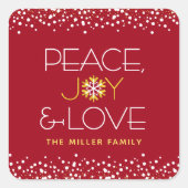 Peace Joy Liebe Bold Modern Holiday Snowflake Red Quadratischer Aufkleber (Vorderseite)