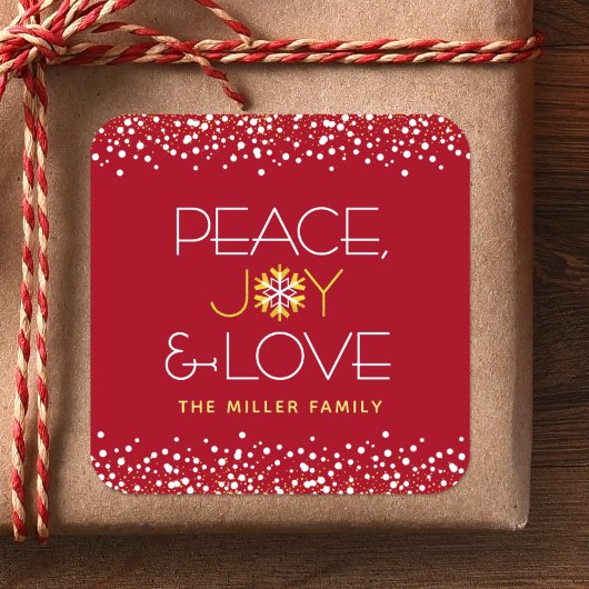 Peace Joy Liebe Bold Modern Holiday Snowflake Red Quadratischer Aufkleber